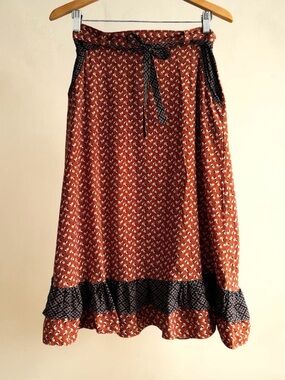 Vintage 70's Prairie Rust Colored Printed A-Line Midi Skirt U-Too California
